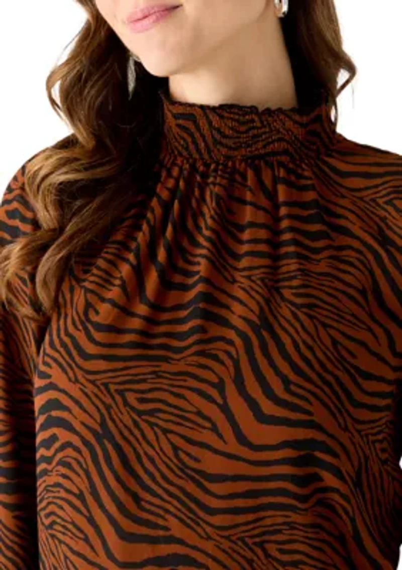 Women's Long Sleeve Zebra Print Mock Neck Blouse
