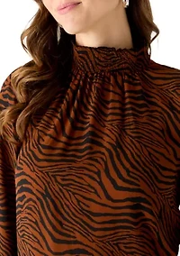 Women's Long Sleeve Zebra Print Mock Neck Blouse