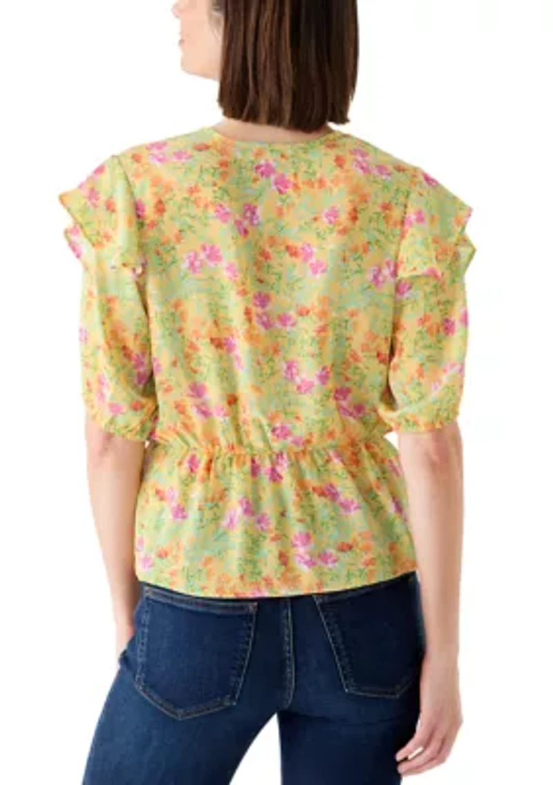 Women's Short Sleeve Peplum Floral Wrap Blouse