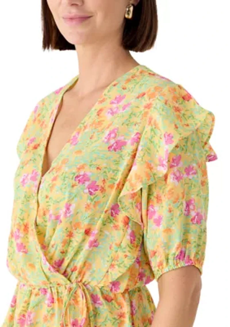 Women's Short Sleeve Peplum Floral Wrap Blouse