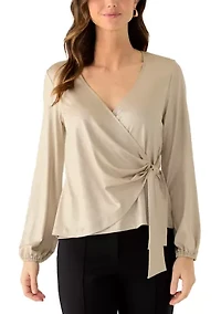 Women's Long Sleeve Tie Wrap Metallic Knit Top