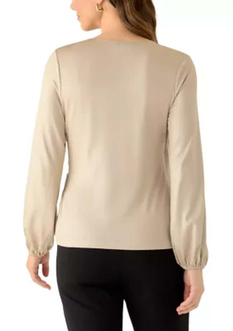 Women's Long Sleeve Tie Wrap Metallic Knit Top