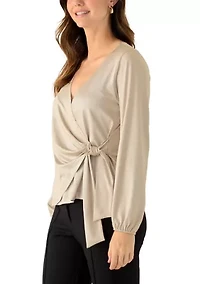 Women's Long Sleeve Tie Wrap Metallic Knit Top