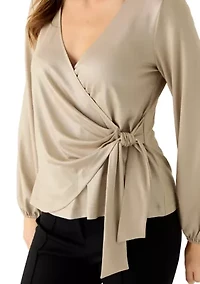 Women's Long Sleeve Tie Wrap Metallic Knit Top