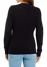 Women's Long Sleeve Cable Knit Button Trim Sweater