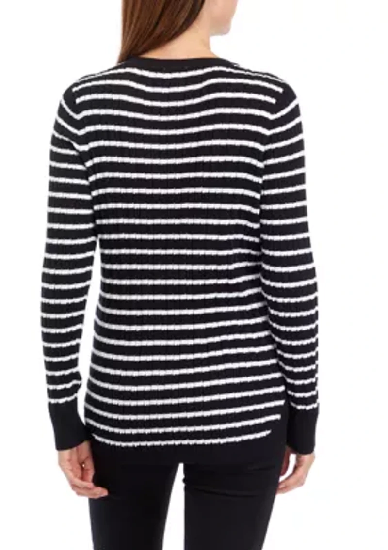 Women's Long Sleeve Cable V-Neck Striped Sweater