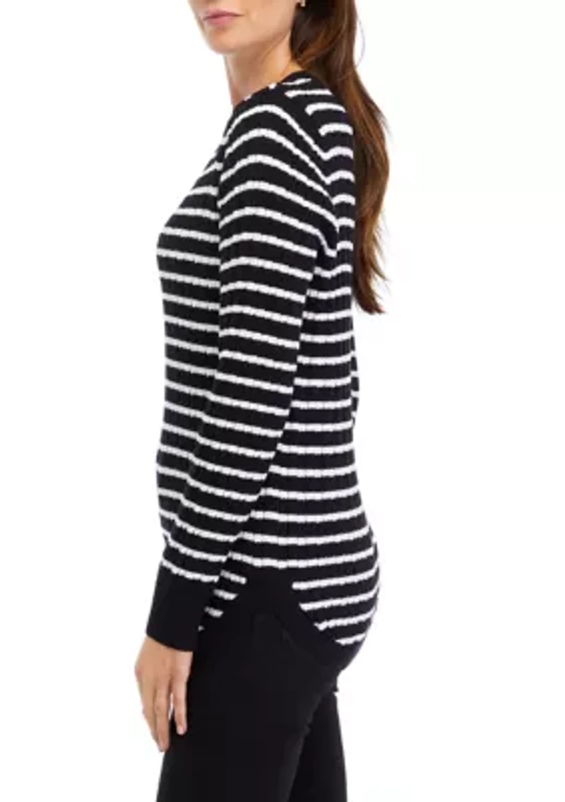Women's Long Sleeve Cable V-Neck Striped Sweater