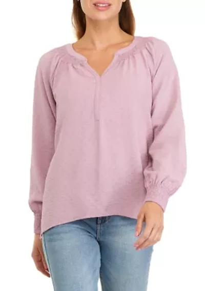 Petite Long Sleeve Split Neck Pullover Blouse