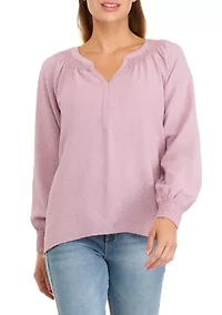 Petite Long Sleeve Split Neck Pullover Blouse
