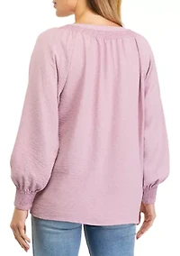 Petite Long Sleeve Split Neck Pullover Blouse