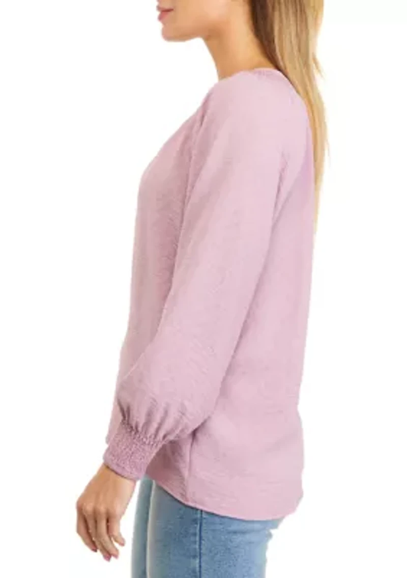 Petite Long Sleeve Split Neck Pullover Blouse