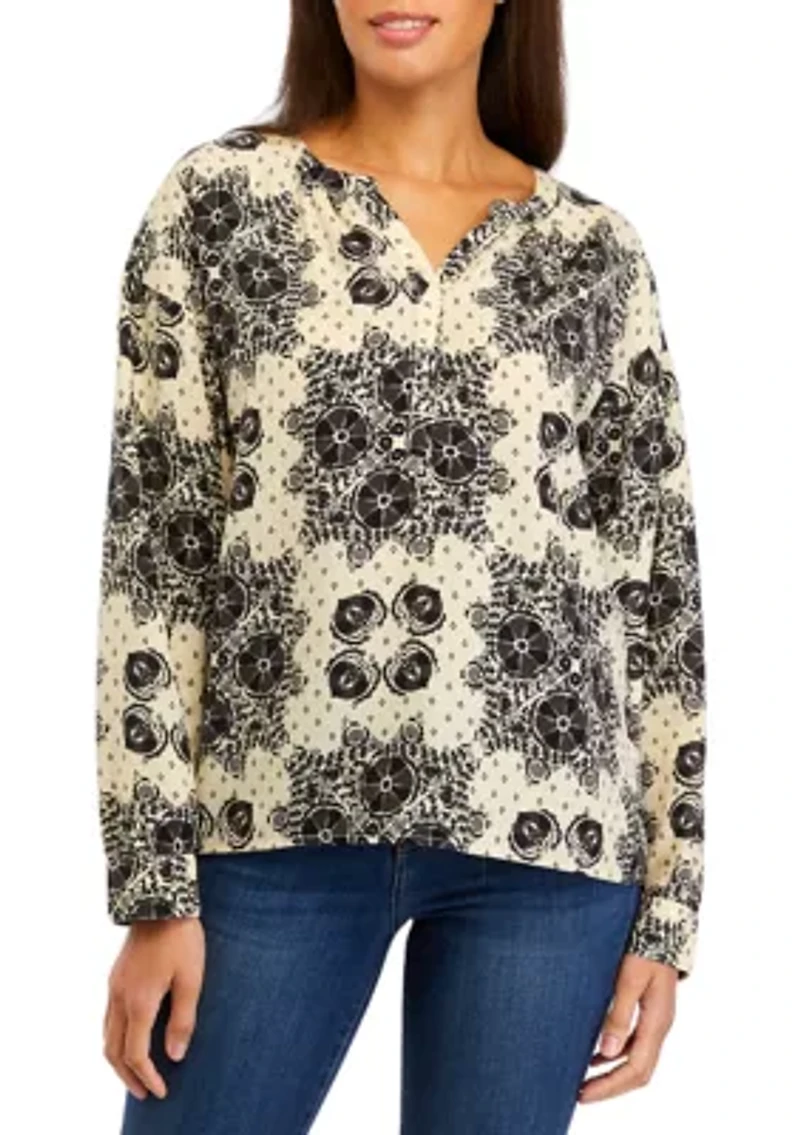 Petite Long Sleeve Henley Popover Top