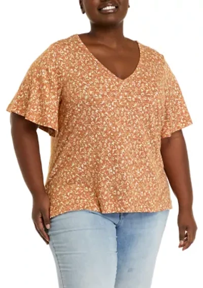 Plus Short Sleeve Knit Slub V-Neck T-Shirt