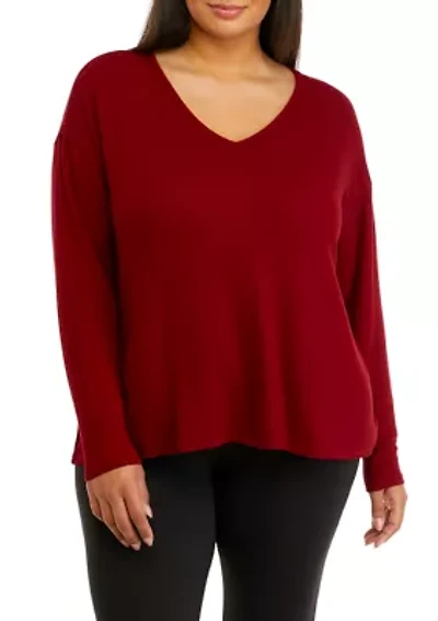 Plus Long Sleeve Raw Edge V-Neck Top