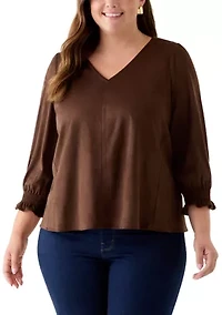 Plus 3/4 Sleeve Suede V-Neck Shirt