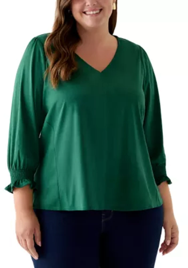 Plus 3/4 Sleeve Suede V-Neck Shirt