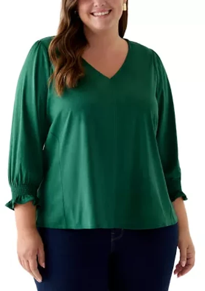 Plus 3/4 Sleeve Suede V-Neck Shirt