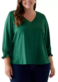Plus 3/4 Sleeve Suede V-Neck Shirt