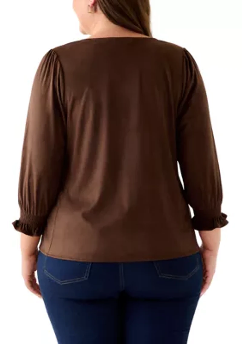 Plus 3/4 Sleeve Suede V-Neck Shirt