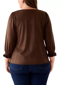 Plus 3/4 Sleeve Suede V-Neck Shirt
