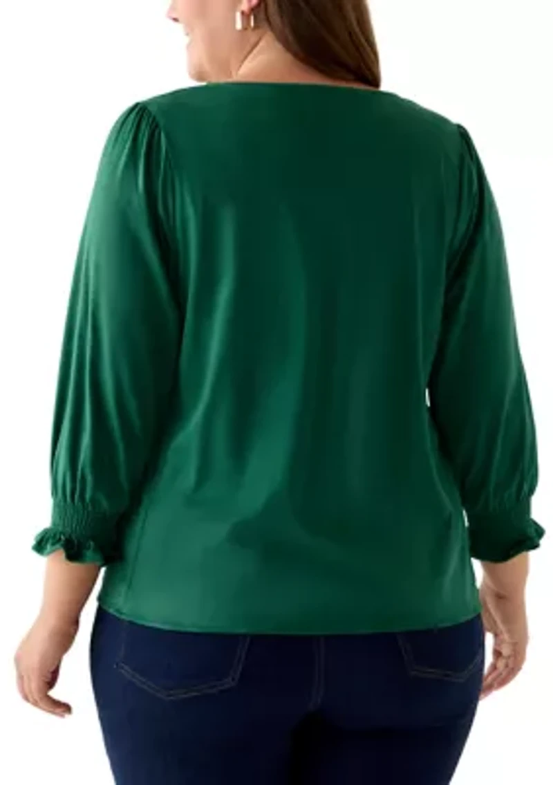 Plus 3/4 Sleeve Suede V-Neck Shirt