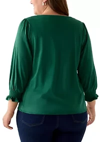 Plus 3/4 Sleeve Suede V-Neck Shirt