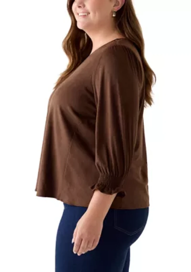 Plus 3/4 Sleeve Suede V-Neck Shirt