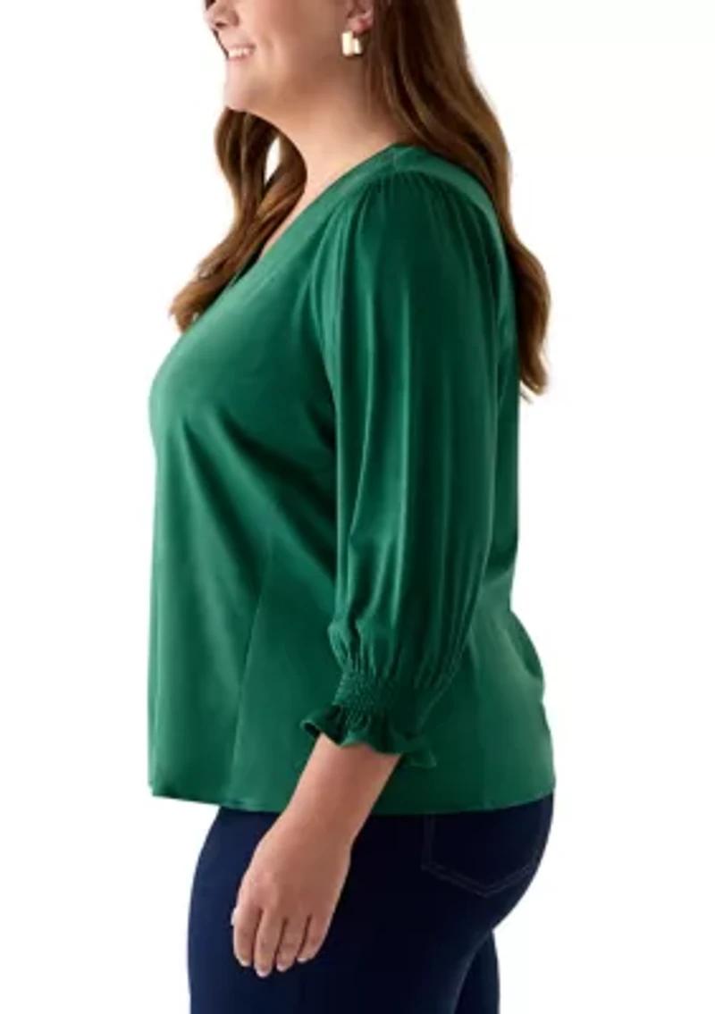 Plus 3/4 Sleeve Suede V-Neck Shirt