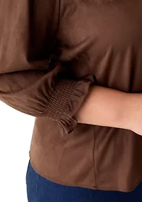 Plus 3/4 Sleeve Suede V-Neck Shirt
