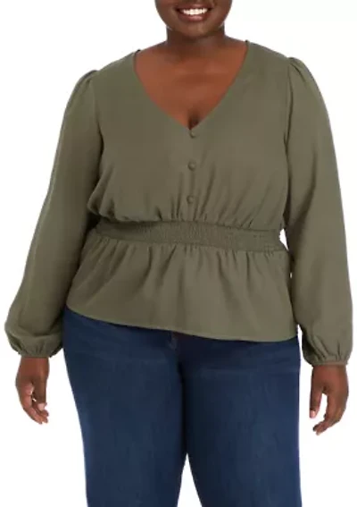 Plus Long Sleeve V-Neck Smocked Waist Woven Top