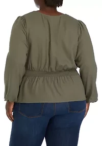 Plus Long Sleeve V-Neck Smocked Waist Woven Top