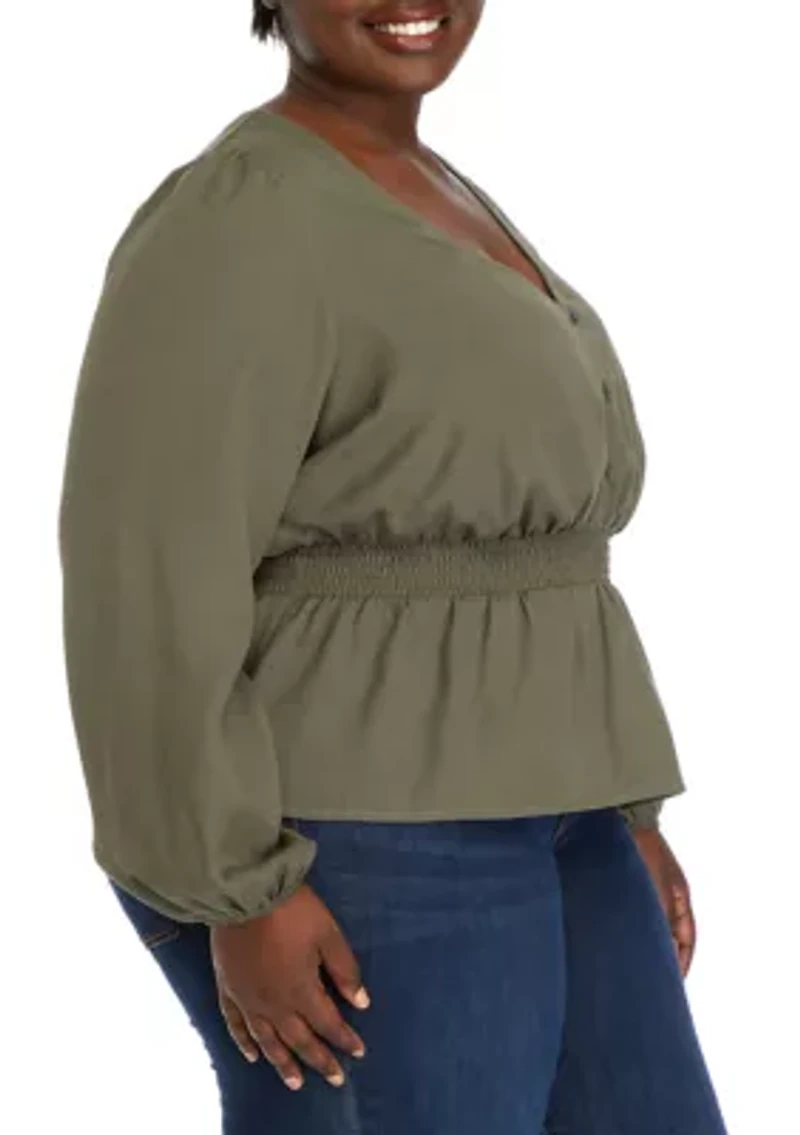 Plus Long Sleeve V-Neck Smocked Waist Woven Top