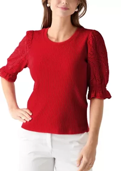 Women's Elbow Sleeve Ribbed Eyelet Top