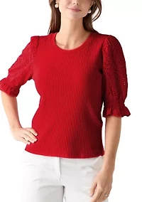Women's Elbow Sleeve Ribbed Eyelet Top