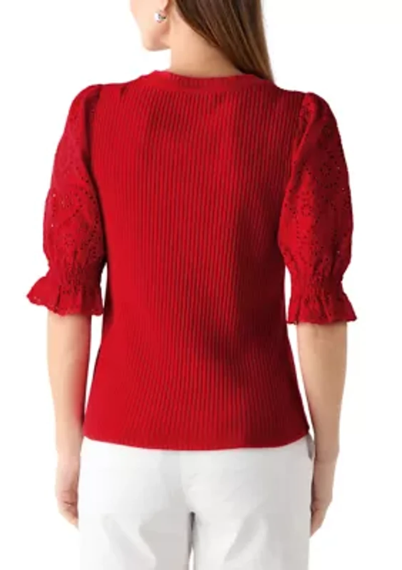 Women's Elbow Sleeve Ribbed Eyelet Top