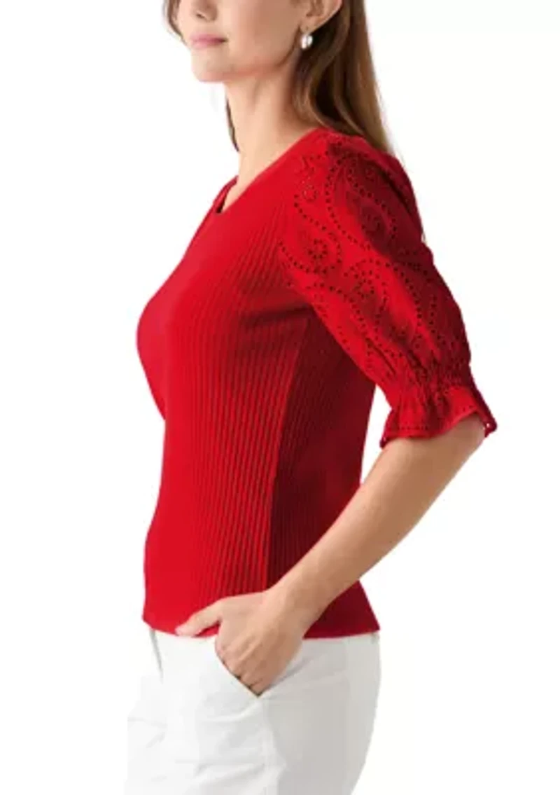 Women's Elbow Sleeve Ribbed Eyelet Top