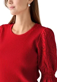 Women's Elbow Sleeve Ribbed Eyelet Top
