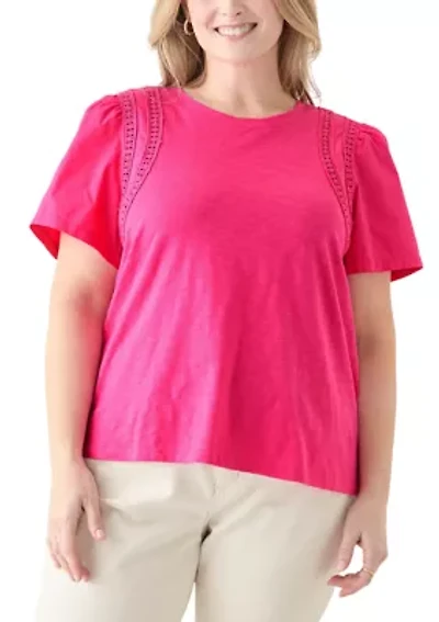Plus Short Sleeve Shoulder Detail Knit Top