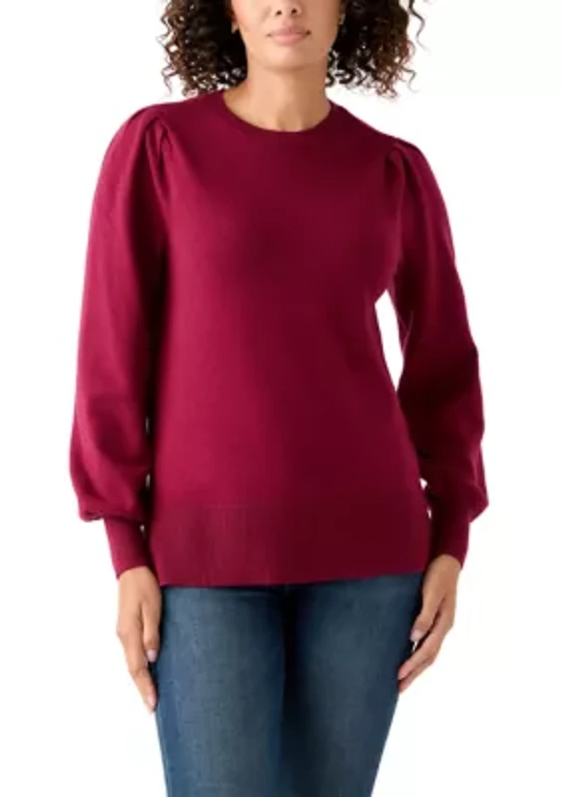 Womern's Puff Sleeve Crew Neck Tunic Sweater