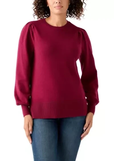 Womern's Puff Sleeve Crew Neck Tunic Sweater