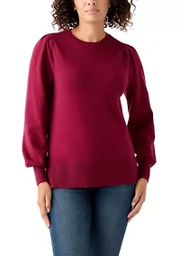 Womern's Puff Sleeve Crew Neck Tunic Sweater