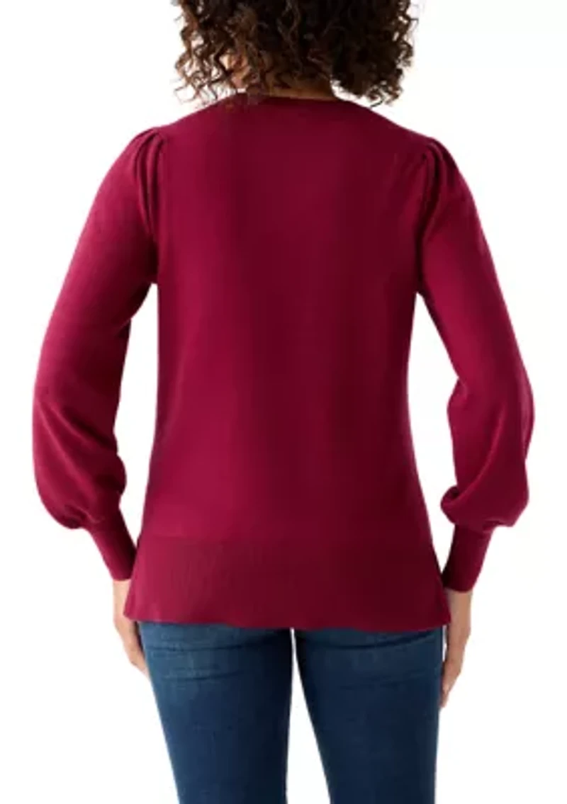 Womern's Puff Sleeve Crew Neck Tunic Sweater