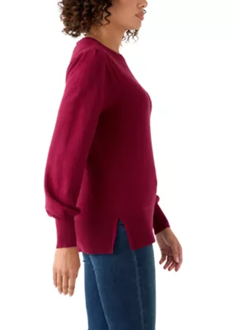 Womern's Puff Sleeve Crew Neck Tunic Sweater