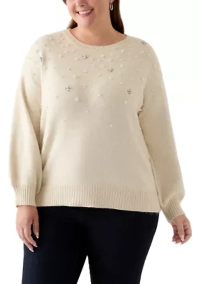 Plus Long Sleeve Jewel Crew Neck Sweater