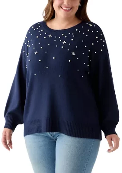 Plus Long Sleeve Jewel Crew Neck Sweater