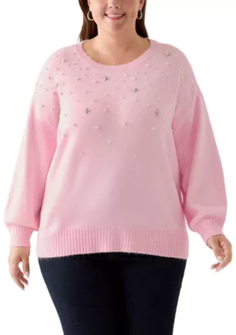 Plus Long Sleeve Jewel Crew Neck Sweater