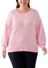 Plus Long Sleeve Jewel Crew Neck Sweater