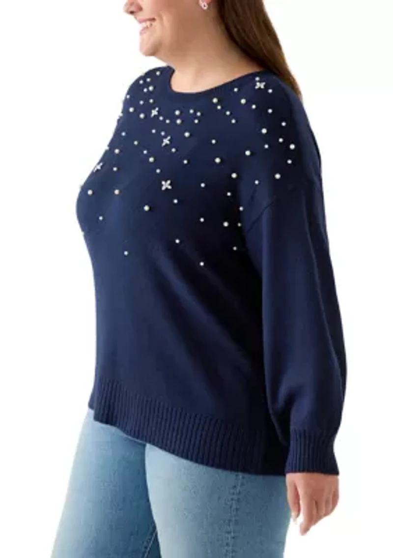Plus Long Sleeve Jewel Crew Neck Sweater