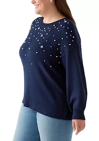 Plus Long Sleeve Jewel Crew Neck Sweater
