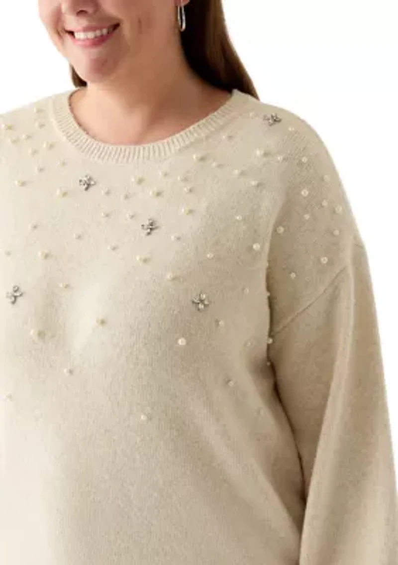 Plus Long Sleeve Jewel Crew Neck Sweater
